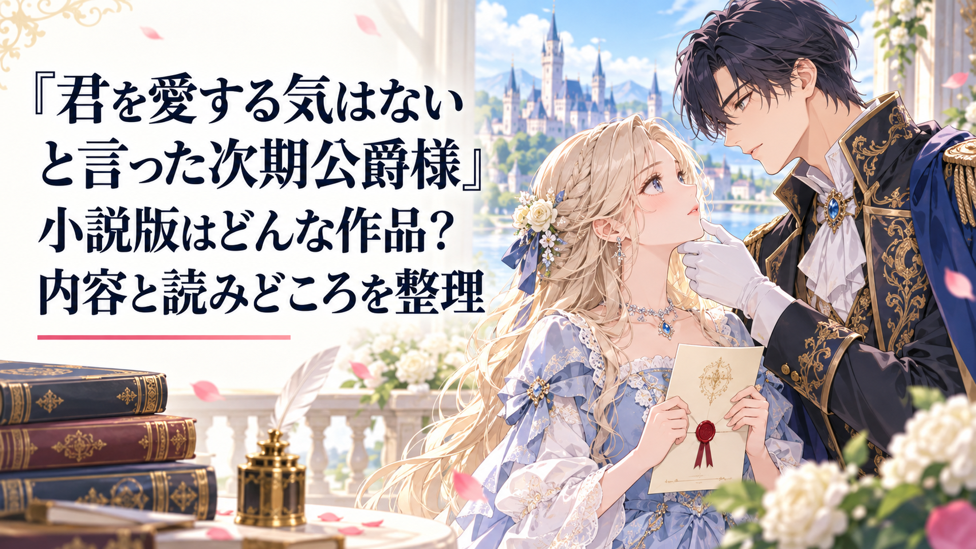 エルサとユリウスを思わせる貴族の男女が向かい合い、契約結婚から始まる恋を予感させるロマンチックな場面
