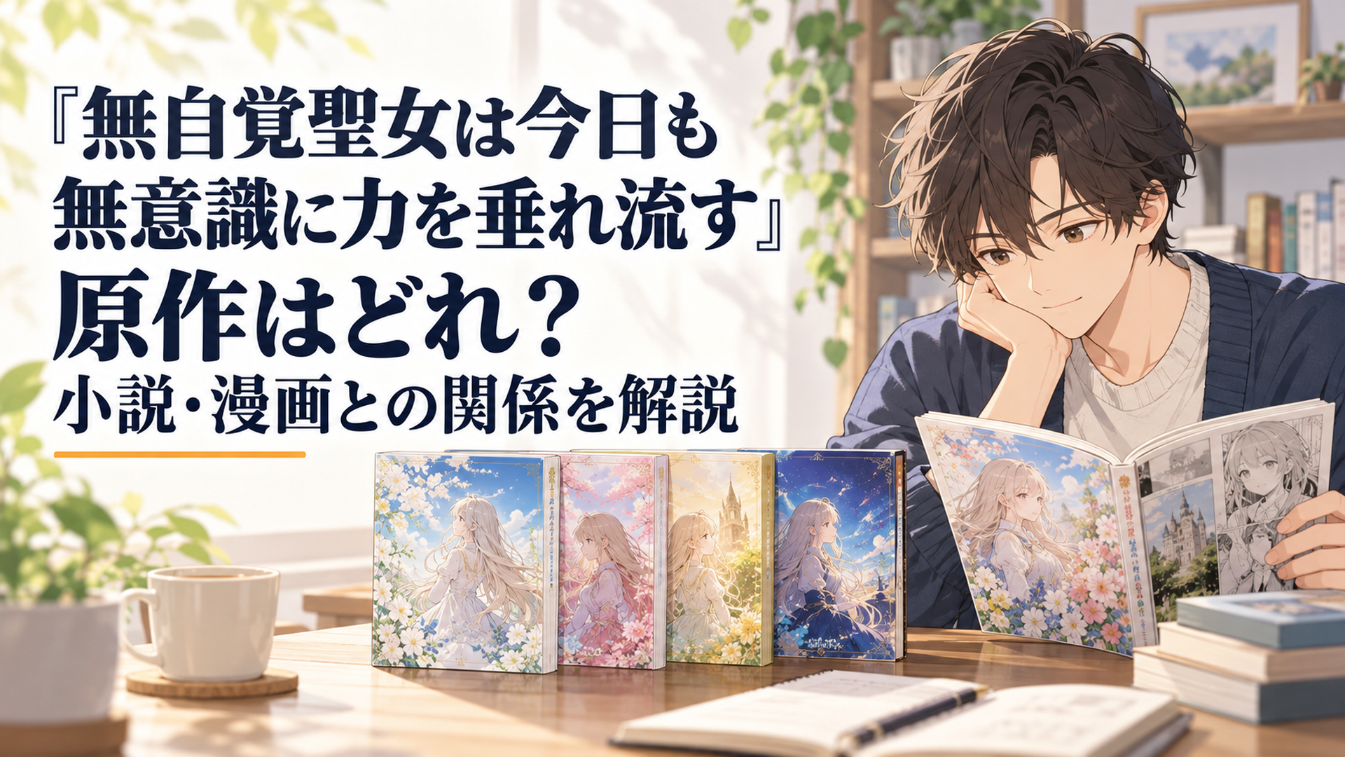 原作小説全4巻と漫画版を並べて『無自覚聖女は今日も無意識に力を垂れ流す』の原作関係を確認するアニメファン