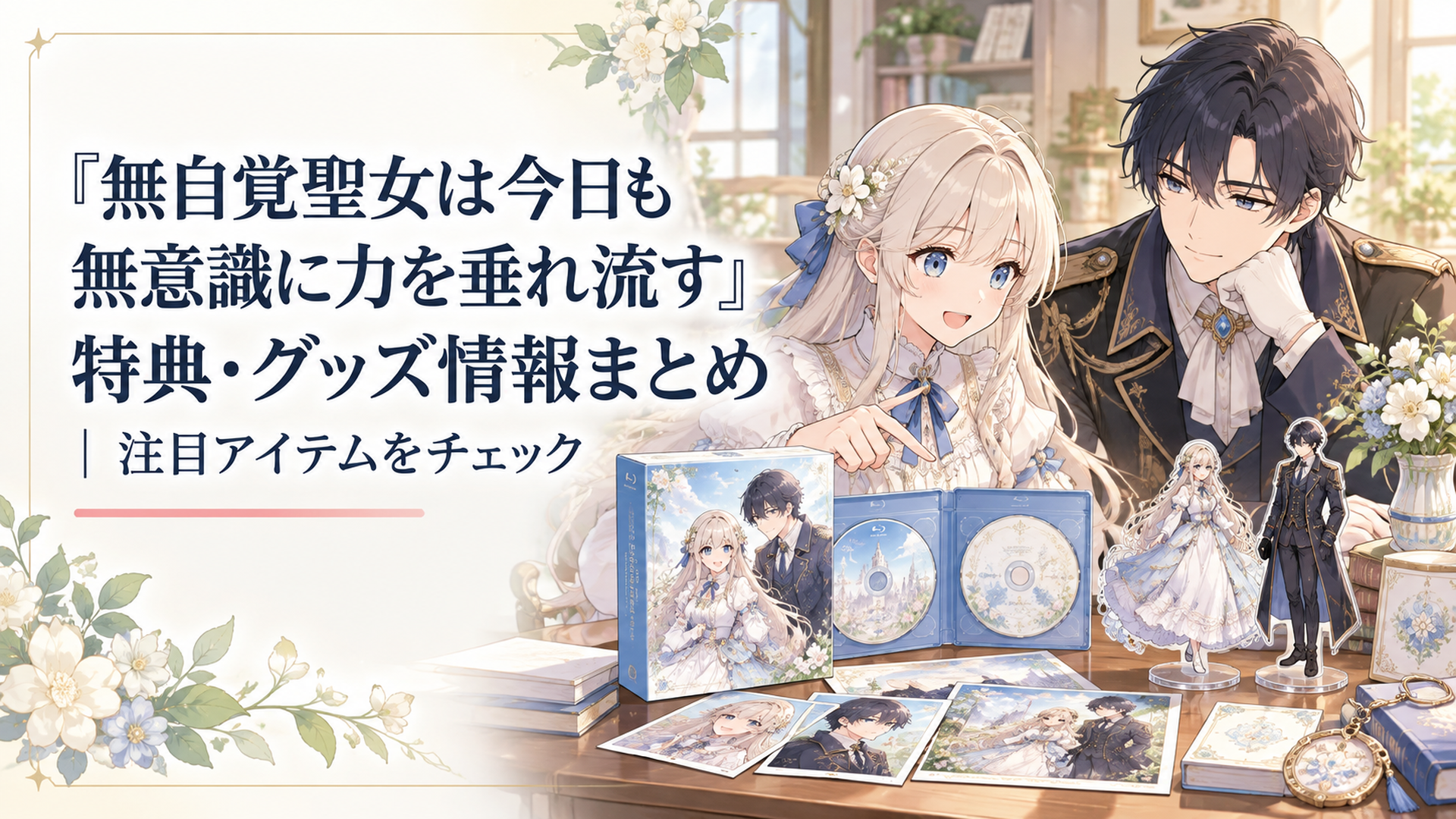 カロリーナとエドワードを中心にBlu-ray BOXやアクリルスタンドなど作品の特典・グッズを並べて紹介する場面