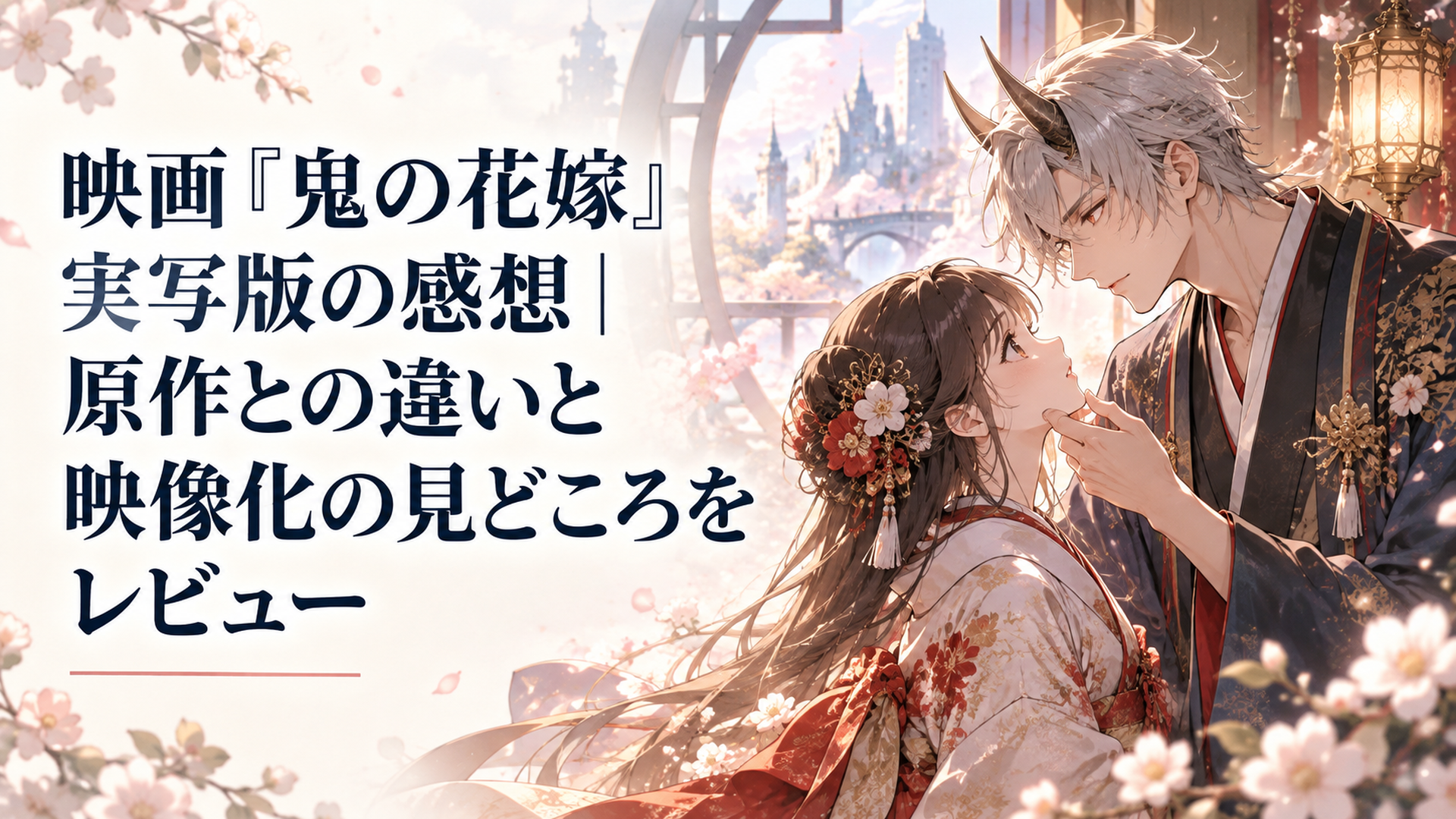 幻想的な和洋折衷の世界で鬼の青年と人間の女性が向き合う映画『鬼の花嫁』をイメージした場面